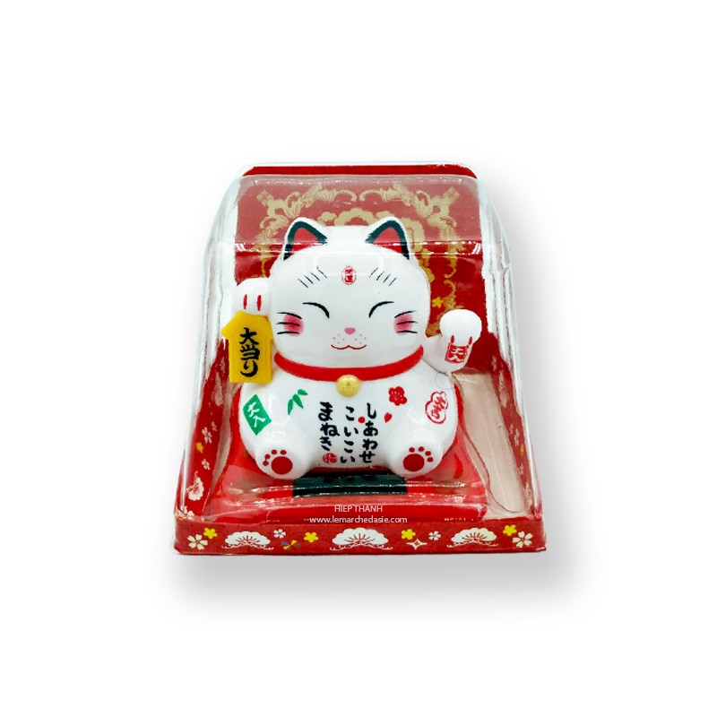 chat chinois porte-bonheur blanc patte animée 10cm